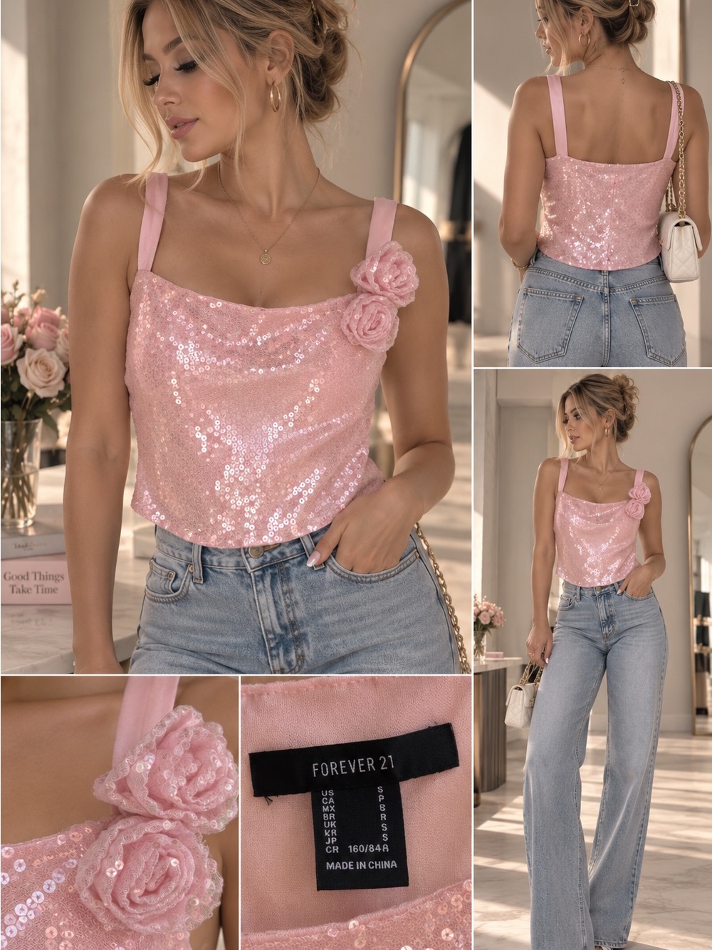 Forever 21 Pink Sequin Rose-Accent Cami Top